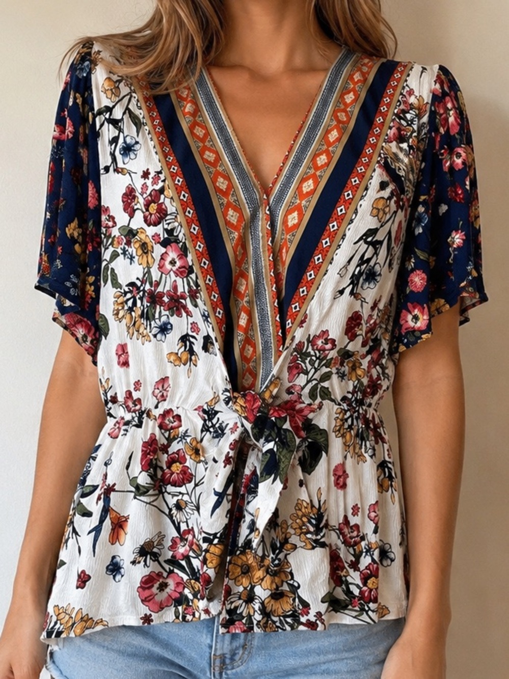 Umgee Floral Boho Peplum Top Size Large Tie Front